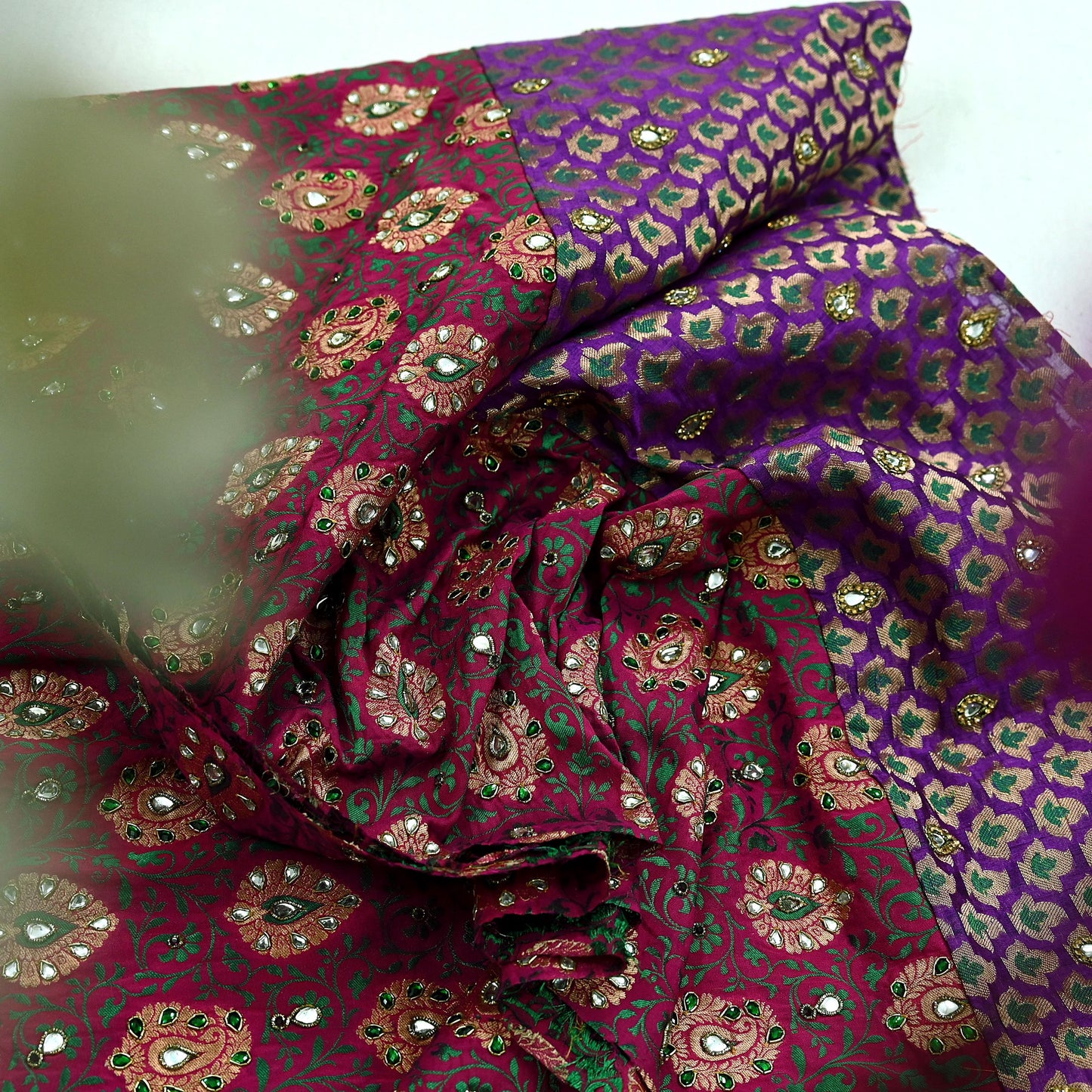 Indian Pink & Purple Chanderi Hand Hand Embroidred/Woven Brocade Banarasi Zari Design Fabric 110"X17" Used in Different Designing