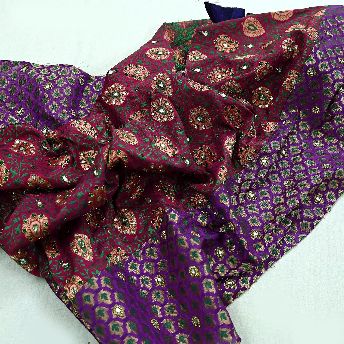 Indian Pink & Purple Chanderi Hand Hand Embroidred/Woven Brocade Banarasi Zari Design Fabric 110"X17" Used in Different Designing