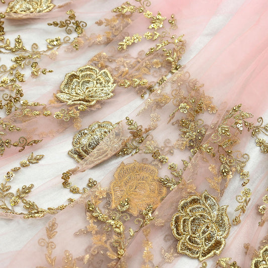 Indian Vintage Light Peach Net/Mesh Design Fabric Dress Designing Sari Fabric Dressmaking For Craft Floral design 136"X47"