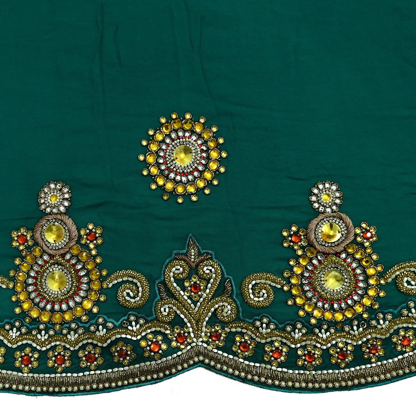 Indian Vintage Green Pure Georgette silk Hand Embroidered Design Fabric 55"X45" Zardozi/Dabka/Zari Crafting Quilting Dress making Crafting