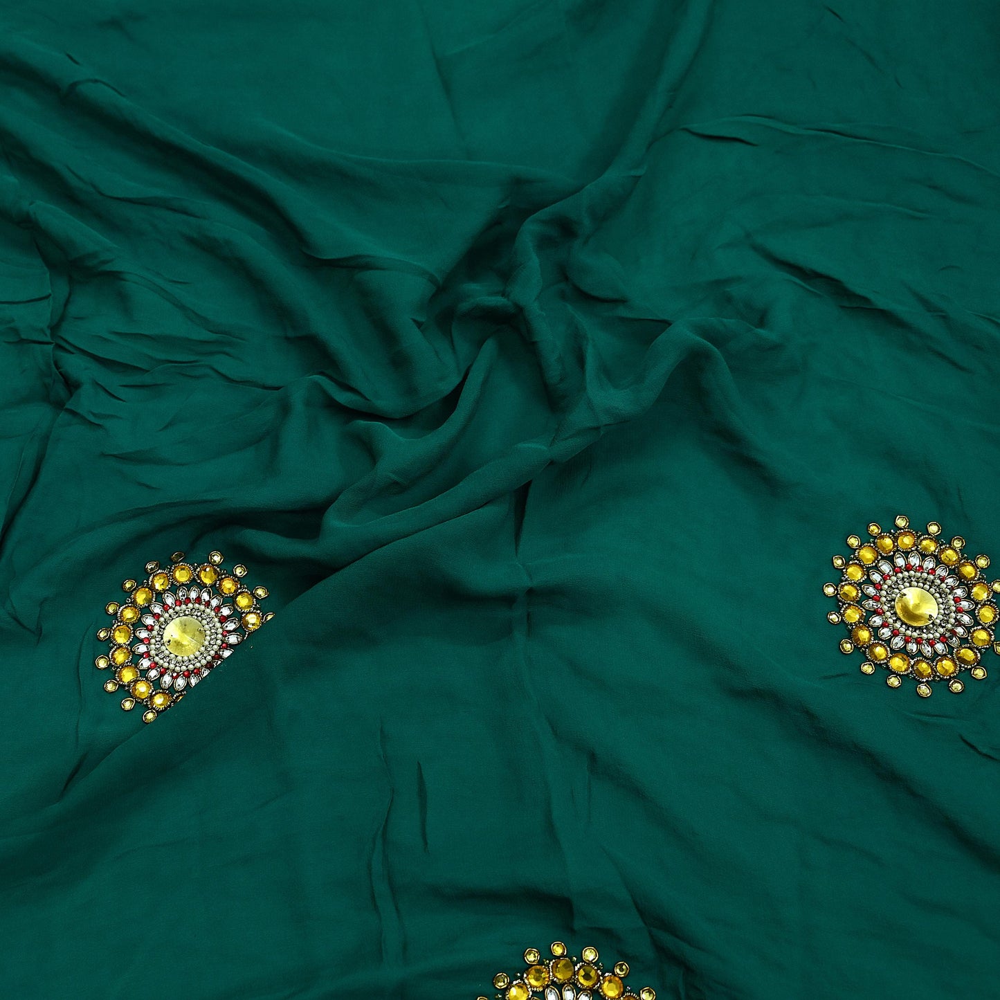 Indian Vintage Green Pure Georgette silk Hand Embroidered Design Fabric 55"X45" Zardozi/Dabka/Zari Crafting Quilting Dress making Crafting