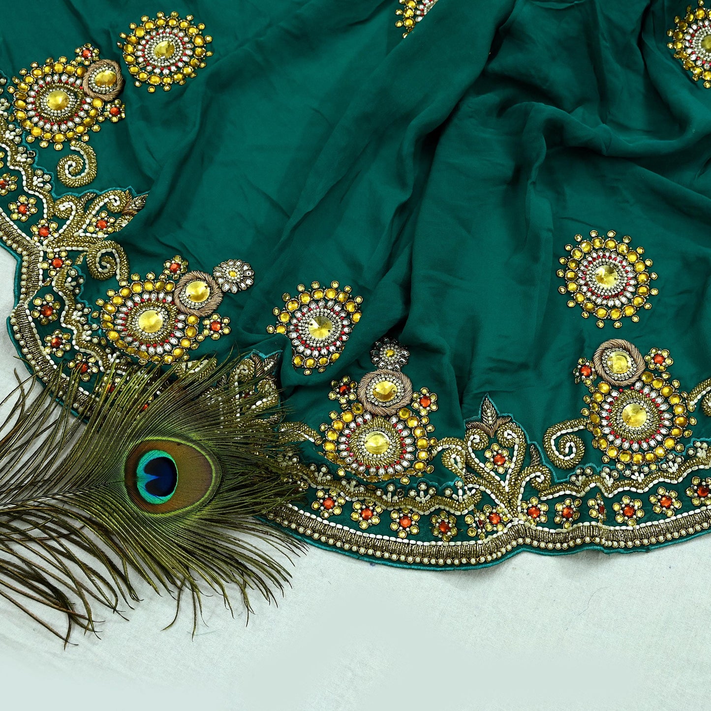 Indian Vintage Green Pure Georgette silk Hand Embroidered Design Fabric 55"X45" Zardozi/Dabka/Zari Crafting Quilting Dress making Crafting