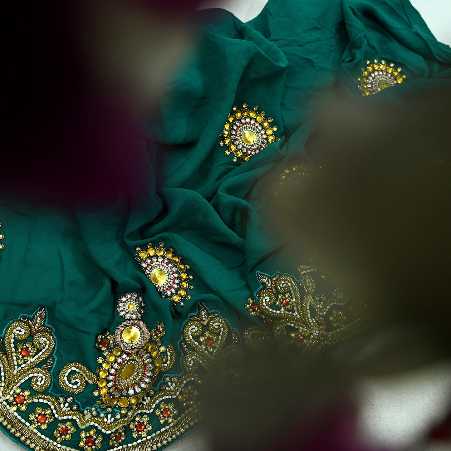 Indian Vintage Green Pure Georgette silk Hand Embroidered Design Fabric 55"X45" Zardozi/Dabka/Zari Crafting Quilting Dress making Crafting