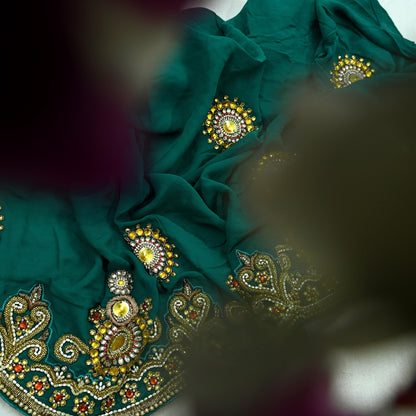 Indian Vintage Green Pure Georgette silk Hand Embroidered Design Fabric 55"X45" Zardozi/Dabka/Zari Crafting Quilting Dress making Crafting
