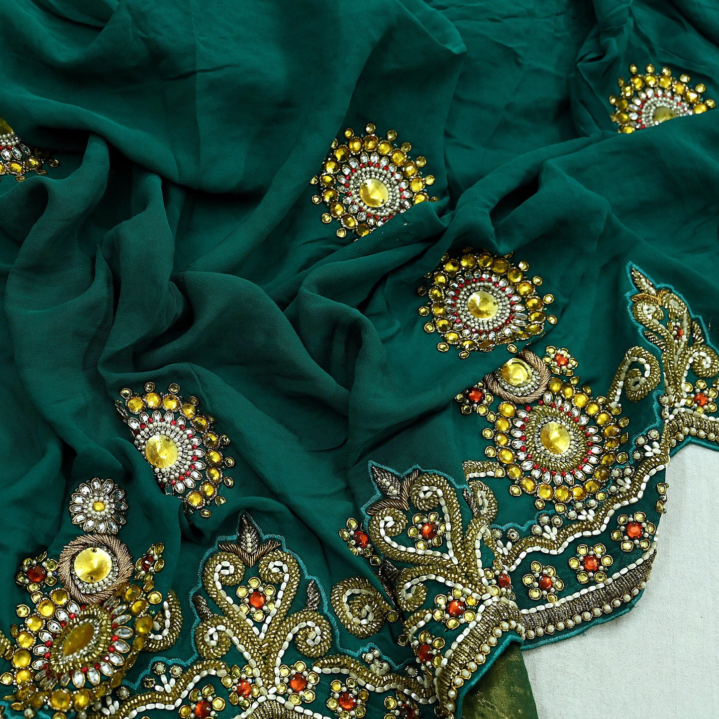 Indian Vintage Green Pure Georgette silk Hand Embroidered Design Fabric 55"X45" Zardozi/Dabka/Zari Crafting Quilting Dress making Crafting