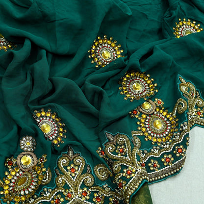 Indian Vintage Green Pure Georgette silk Hand Embroidered Design Fabric 55"X45" Zardozi/Dabka/Zari Crafting Quilting Dress making Crafting