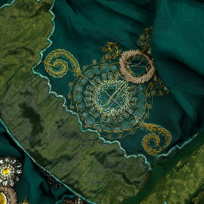 Indian Vintage Green Pure Georgette silk Hand Embroidered Design Fabric 55"X45" Zardozi/Dabka/Zari Crafting Quilting Dress making Crafting