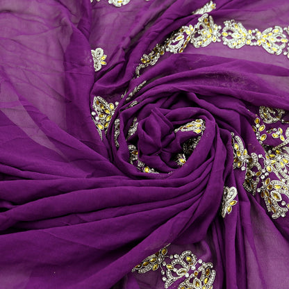 Indian Vintage Purple Pure Georgette silk Hand Embroidered Design Fabric 63"X45" Zardozi/Dabka/Zari Crafting Quilting Dress making Crafting