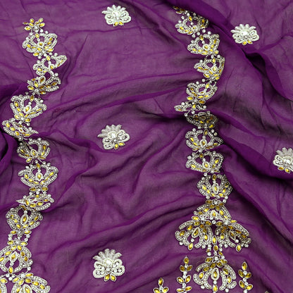 Indian Vintage Purple Pure Georgette silk Hand Embroidered Design Fabric 63"X45" Zardozi/Dabka/Zari Crafting Quilting Dress making Crafting