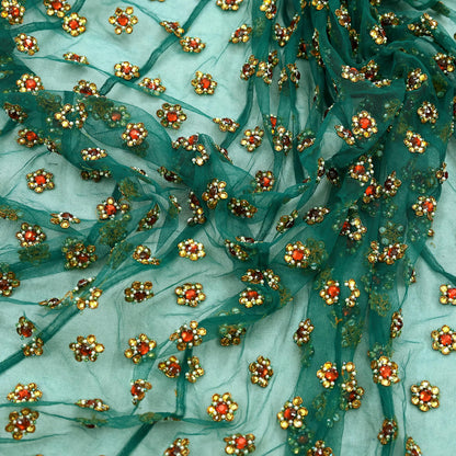 Indian Vintage Green Net/Mesh Design Fabric Dress Designing Sari Fabric Dressmaking For Craft Floral design