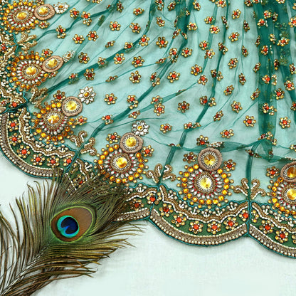 Indian Vintage Green Net/Mesh Design Fabric Dress Designing Sari Fabric Dressmaking For Craft Floral design