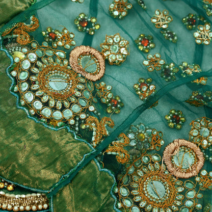Indian Vintage Green Net/Mesh Design Fabric Dress Designing Sari Fabric Dressmaking For Craft Floral design