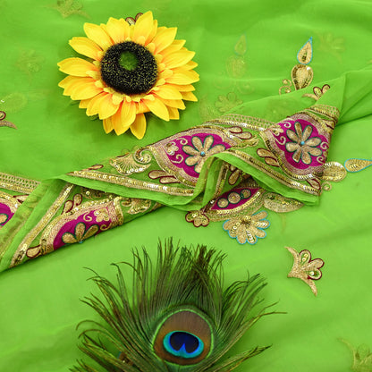 Indian Vintage Bridal Heavy Parrot Green Dupatta American Georgette  Hand Embroidered Rajputi Odhani Scarves Zari Zardozi Bollywood Wedding