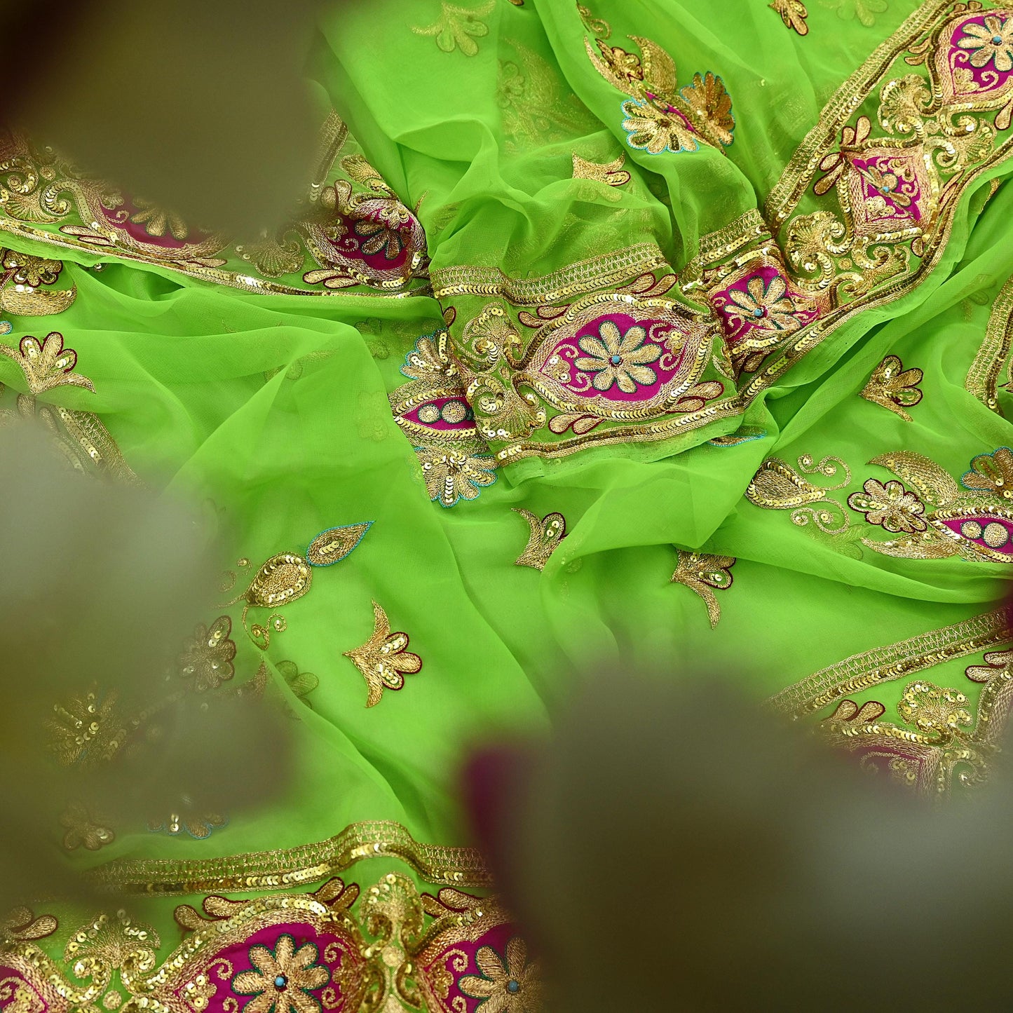 Indian Vintage Bridal Heavy Parrot Green Dupatta American Georgette  Hand Embroidered Rajputi Odhani Scarves Zari Zardozi Bollywood Wedding