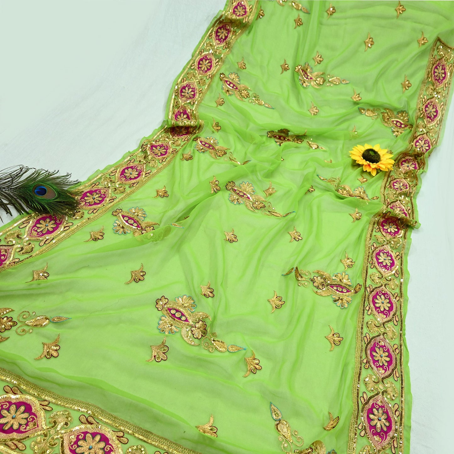 Indian Vintage Bridal Heavy Parrot Green Dupatta American Georgette  Hand Embroidered Rajputi Odhani Scarves Zari Zardozi Bollywood Wedding