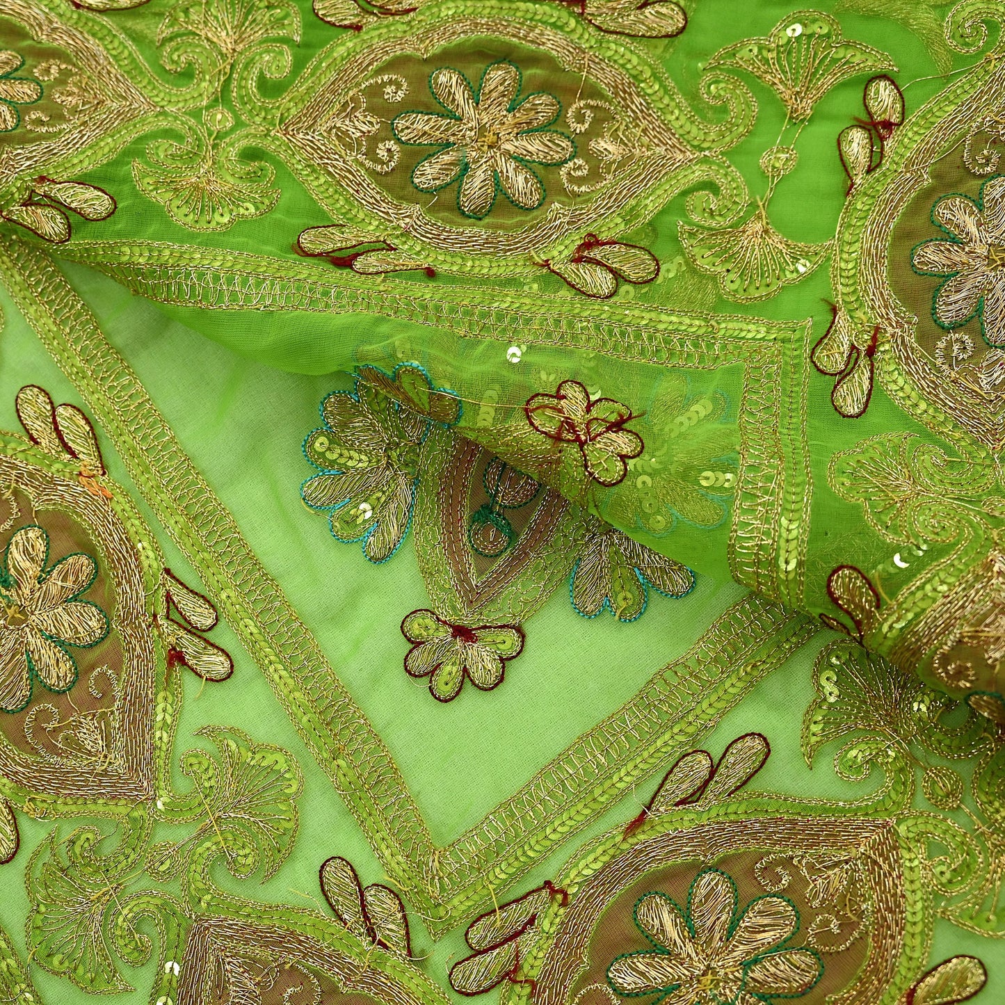 Indian Vintage Bridal Heavy Parrot Green Dupatta American Georgette  Hand Embroidered Rajputi Odhani Scarves Zari Zardozi Bollywood Wedding