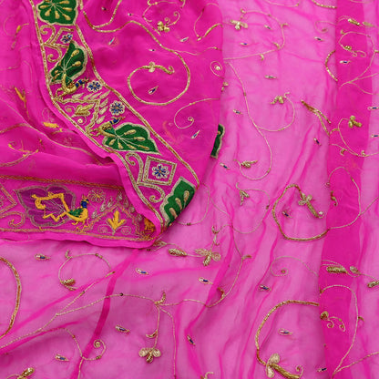 Indian Vintage Bridal Heavy Rani Pink Dupatta American Georgette  Hand Embroidered Rajputi Odhani Scarves Zari Zardozi Bollywood Wedding