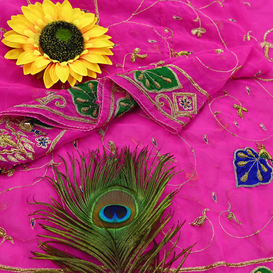 Indian Vintage Bridal Heavy Rani Pink Dupatta American Georgette  Hand Embroidered Rajputi Odhani Scarves Zari Zardozi Bollywood Wedding