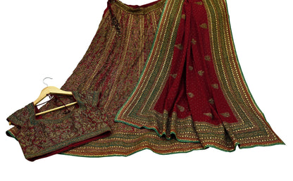 Indian Pre-owned Maroon Pure Silk Hand Embroidered Ritu Kumar Designer Lehenga 3pcs Set Ethnic Bollywood Party Wear