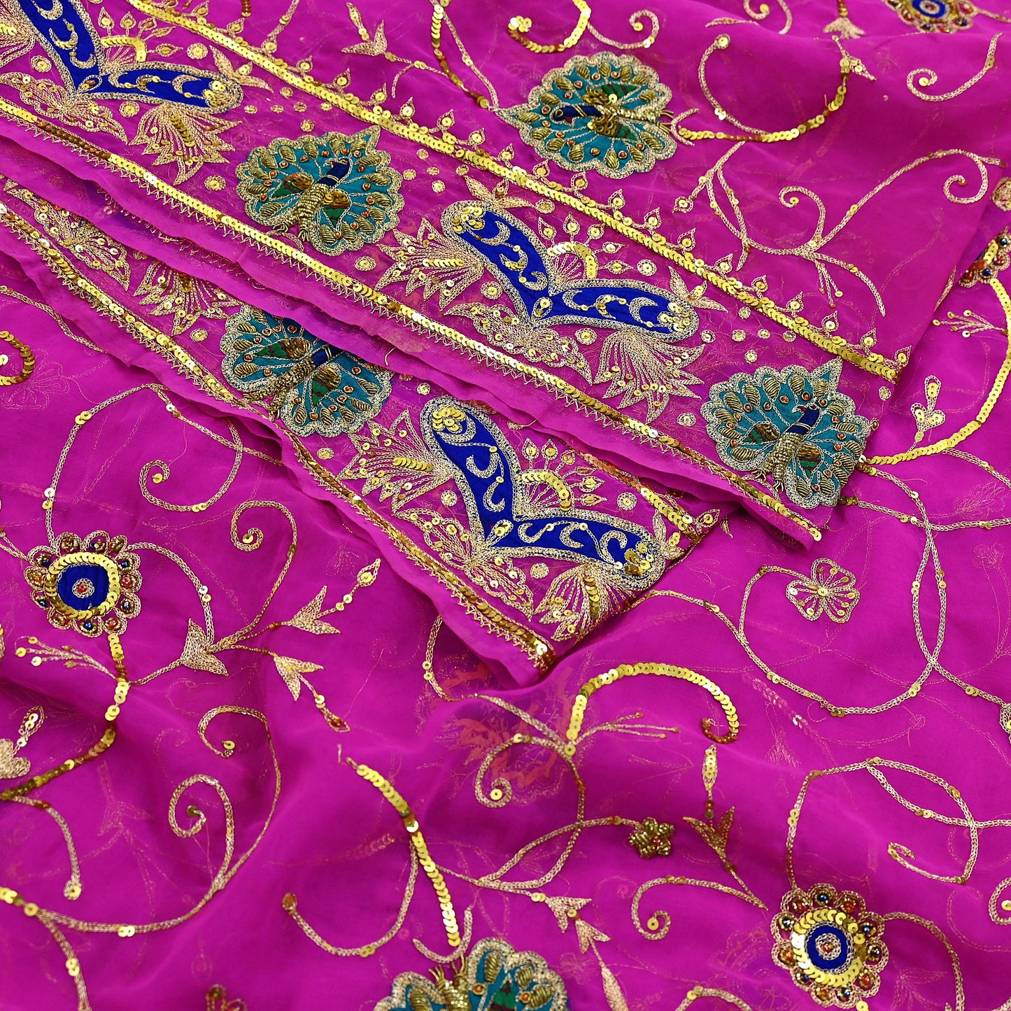 Indian Vintage Magenta American Georgette Hand Embroidered Rajputi Phoshak Lehenga/Dupatta 2pcs Set Bridal Party Wear Peacock Design Zari