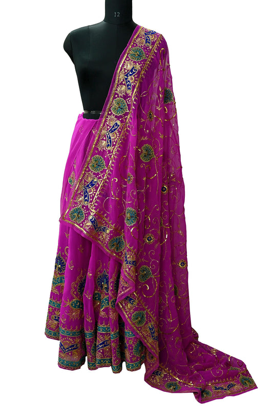 Indian Vintage Magenta American Georgette Hand Embroidered Rajputi Phoshak Lehenga/Dupatta 2pcs Set Bridal Party Wear Peacock Design Zari