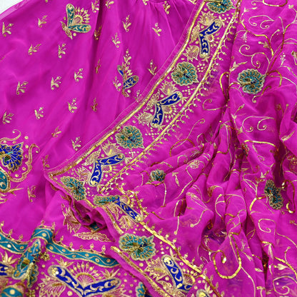 Indian Vintage Magenta American Georgette Hand Embroidered Rajputi Phoshak Lehenga/Dupatta 2pcs Set Bridal Party Wear Peacock Design Zari
