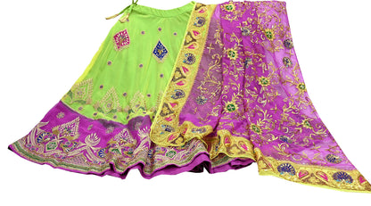 Indian Vintage Magenta & Green American Georgette Hand Embroidered Rajputi Phoshak Lehenga/Dupatta 2pcs Set Bridal Party Wear Peacock Design