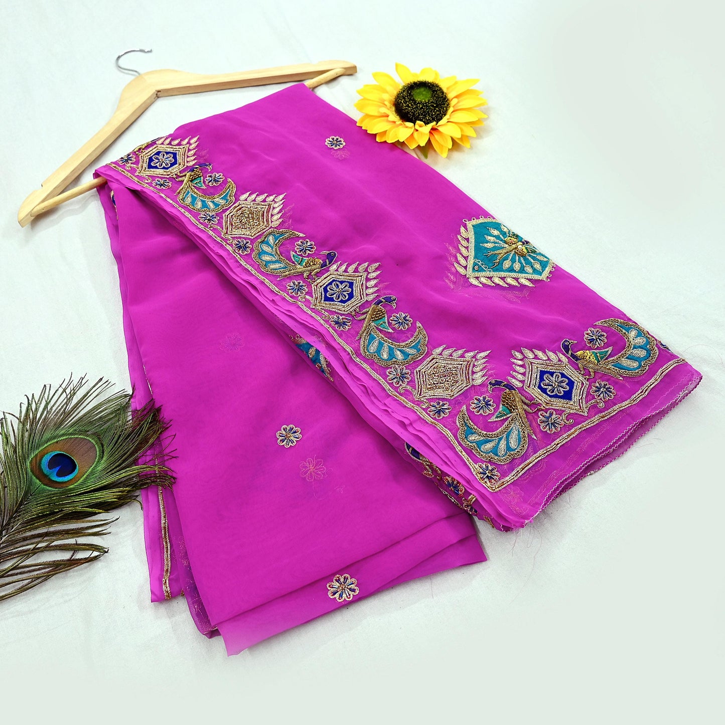 Indian Vintage Magenta American Georgette Hand Embroidered Rajputi Phoshak Lehenga/Dupatta 2pcs Set Bridal Party Wear Peacock Design Zari