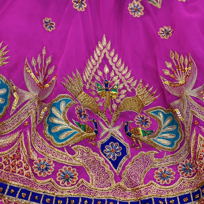 Indian Vintage Magenta American Georgette Hand Embroidered Rajputi Phoshak Lehenga/Dupatta 2pcs Set Bridal Party Wear Peacock Design Zari