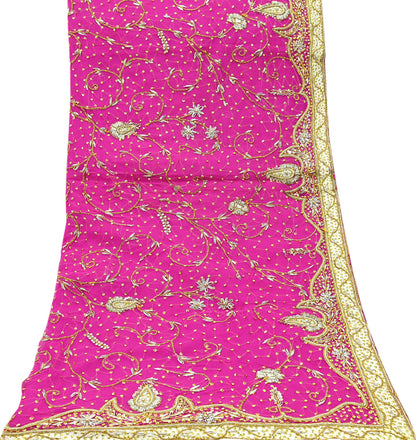 Indian Vintage Heavy Bridal Rani Pink Dupatta Pure Chiffon Silk Long Stole Hand Embroidered Scarf Zardozi Zari Sequins Wedding Veil Hijab