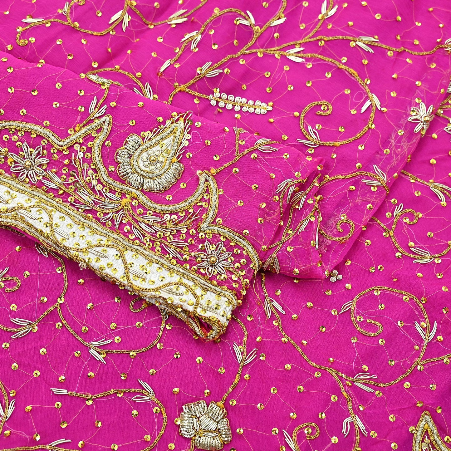 Indian Vintage Heavy Bridal Rani Pink Dupatta Pure Chiffon Silk Long Stole Hand Embroidered Scarf Zardozi Zari Sequins Wedding Veil Hijab