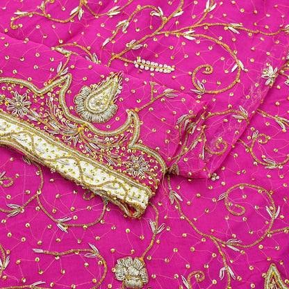 Indian Vintage Heavy Bridal Rani Pink Dupatta Pure Chiffon Silk Long Stole Hand Embroidered Scarf Zardozi Zari Sequins Wedding Veil Hijab