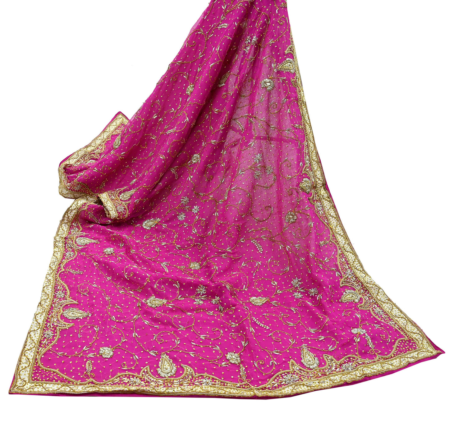 Indian Vintage Heavy Bridal Rani Pink Dupatta Pure Chiffon Silk Long Stole Hand Embroidered Scarf Zardozi Zari Sequins Wedding Veil Hijab