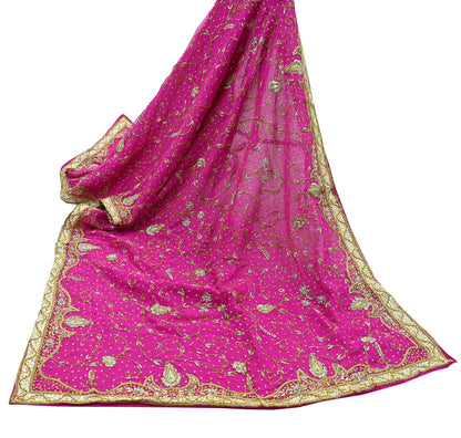 Indian Vintage Heavy Bridal Rani Pink Dupatta Pure Chiffon Silk Long Stole Hand Embroidered Scarf Zardozi Zari Sequins Wedding Veil Hijab