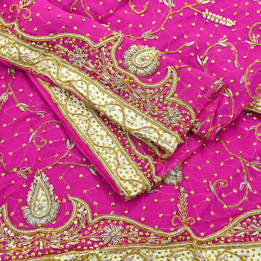Indian Vintage Heavy Bridal Rani Pink Dupatta Pure Chiffon Silk Long Stole Hand Embroidered Scarf Zardozi Zari Sequins Wedding Veil Hijab