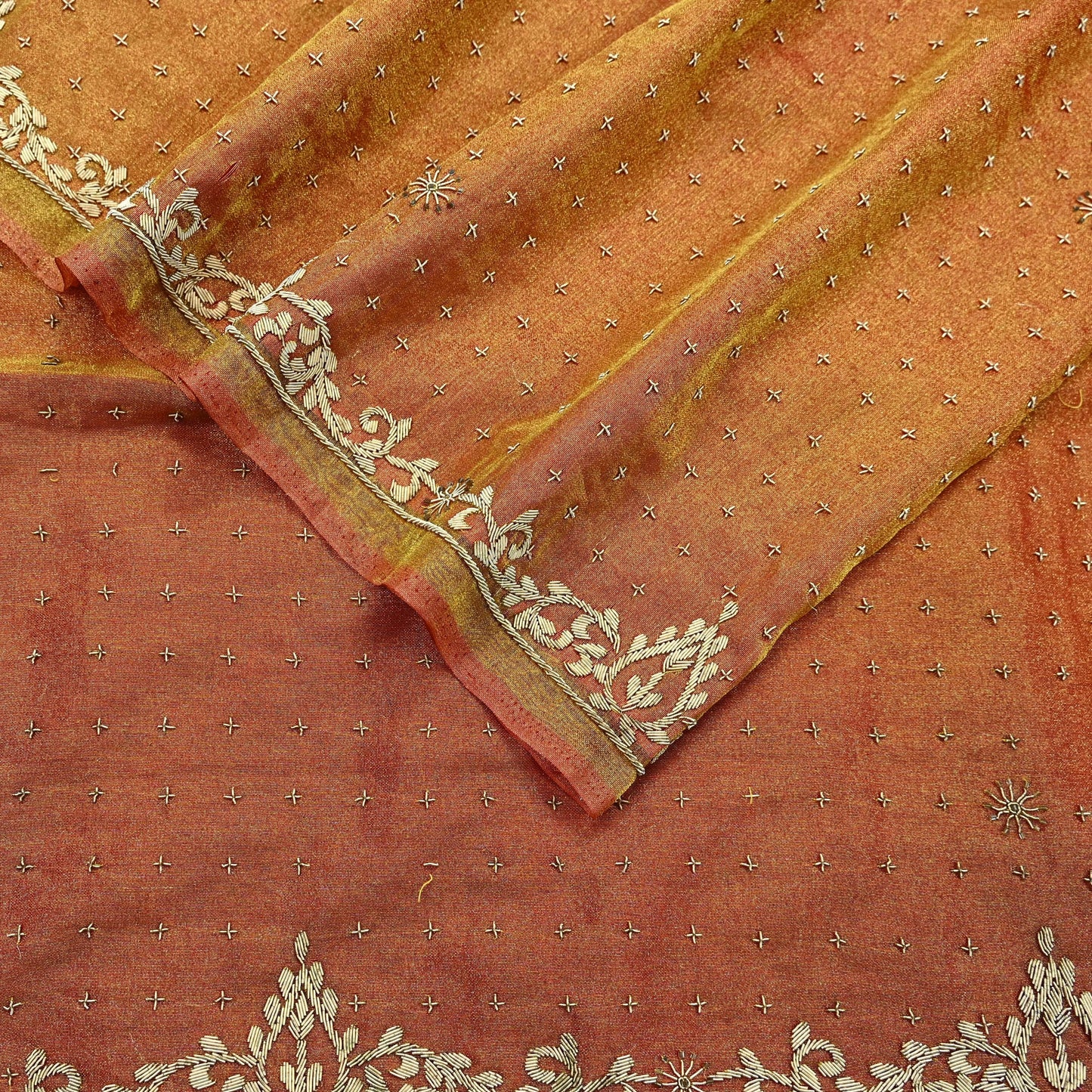 Indian Vintage Heavy Bridal Dupatta Golden Pure Tissue Silk Long Stole Hand Embroidered Scarves Zari Zardozi/Dabka Wedding Hijab