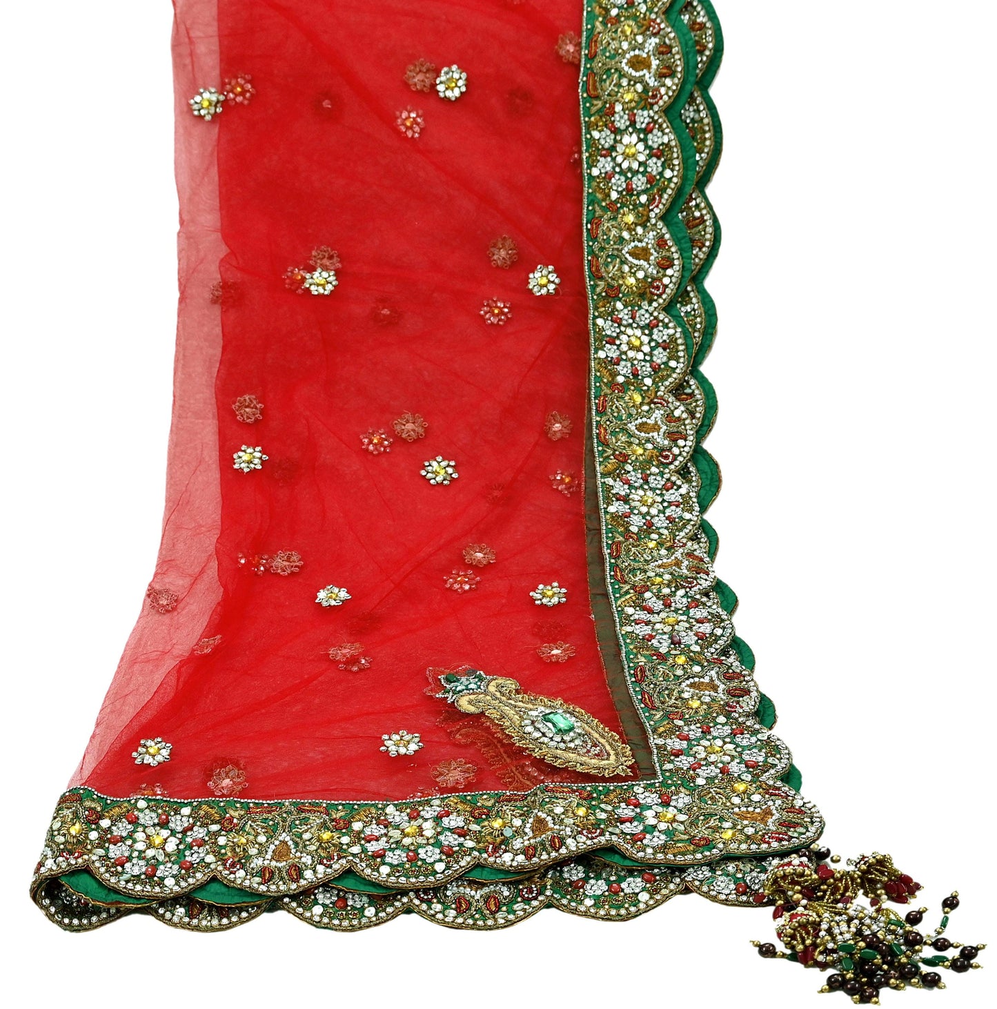 Indian Vintage Heavy Bridal Red Dupatta Net Mesh Long Stole Hand Embroidered Scarves Golden Zardozi Dabka Zari Sequins Wedding Veil Hijab