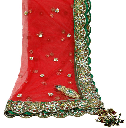 Indian Vintage Heavy Bridal Red Dupatta Net Mesh Long Stole Hand Embroidered Scarves Golden Zardozi Dabka Zari Sequins Wedding Veil Hijab