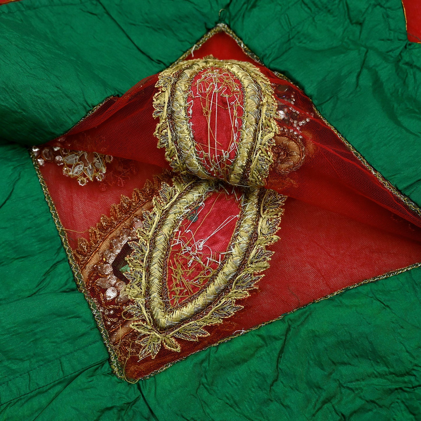 Indian Vintage Heavy Bridal Red Dupatta Net Mesh Long Stole Hand Embroidered Scarves Golden Zardozi Dabka Zari Sequins Wedding Veil Hijab