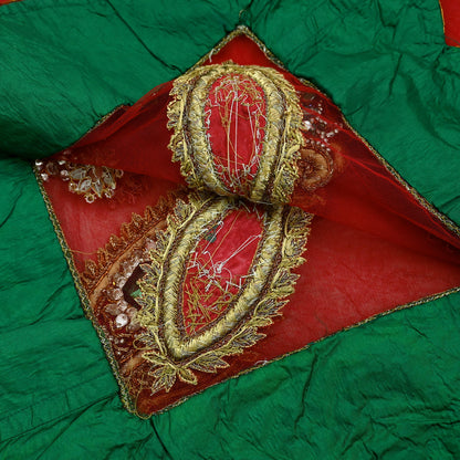 Indian Vintage Heavy Bridal Red Dupatta Net Mesh Long Stole Hand Embroidered Scarves Golden Zardozi Dabka Zari Sequins Wedding Veil Hijab