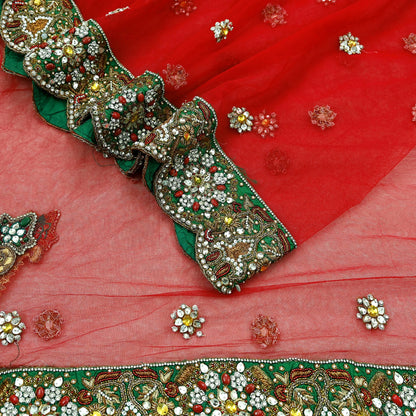 Indian Vintage Heavy Bridal Red Dupatta Net Mesh Long Stole Hand Embroidered Scarves Golden Zardozi Dabka Zari Sequins Wedding Veil Hijab