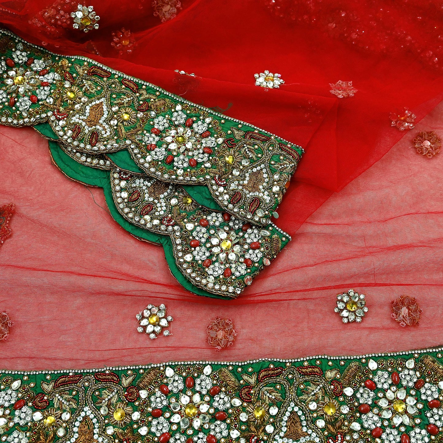 Indian Vintage Heavy Bridal Red Dupatta Net Mesh Long Stole Hand Embroidered Scarves Golden Zardozi Dabka Zari Sequins Wedding Veil Hijab