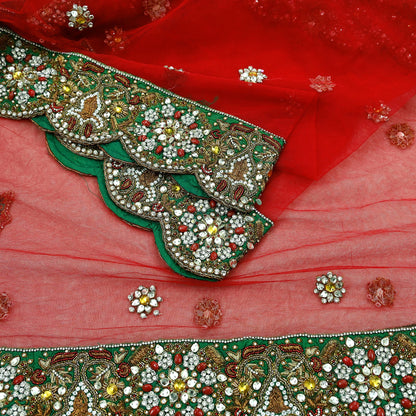 Indian Vintage Heavy Bridal Red Dupatta Net Mesh Long Stole Hand Embroidered Scarves Golden Zardozi Dabka Zari Sequins Wedding Veil Hijab