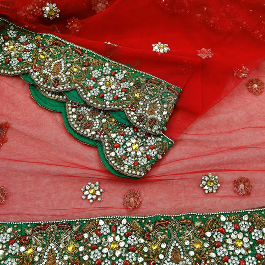 Indian Vintage Heavy Bridal Red Dupatta Net Mesh Long Stole Hand Embroidered Scarves Golden Zardozi Dabka Zari Sequins Wedding Veil Hijab