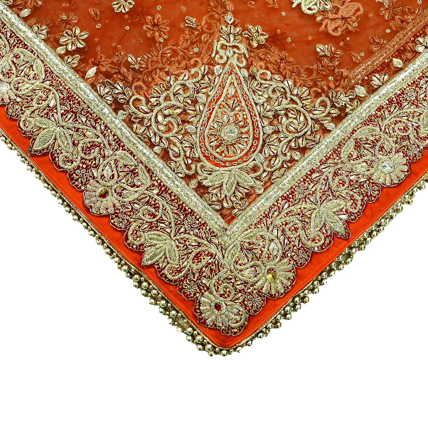 Indian Vintage Heavy Bridal Orange Dupatta Net Mesh Long Stole Hand Embroidered Scarves Golden Zardozi Dabka Zari Sequins Wedding Veil Hijab