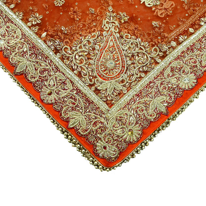 Indian Vintage Heavy Bridal Orange Dupatta Net Mesh Long Stole Hand Embroidered Scarves Golden Zardozi Dabka Zari Sequins Wedding Veil Hijab