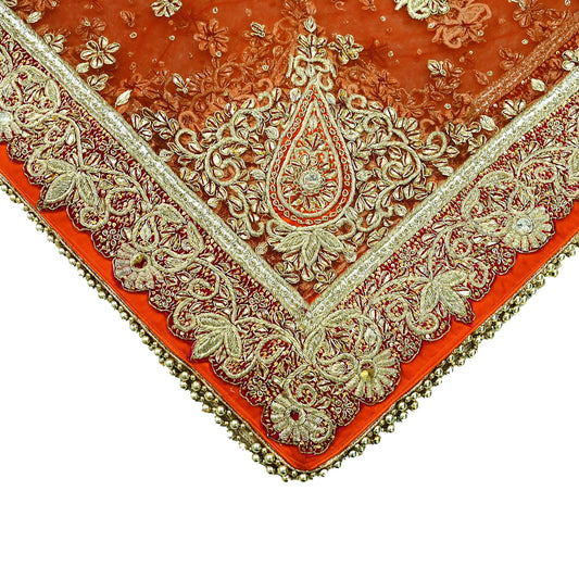 Indian Vintage Heavy Bridal Orange Dupatta Net Mesh Long Stole Hand Embroidered Scarves Golden Zardozi Dabka Zari Sequins Wedding Veil Hijab