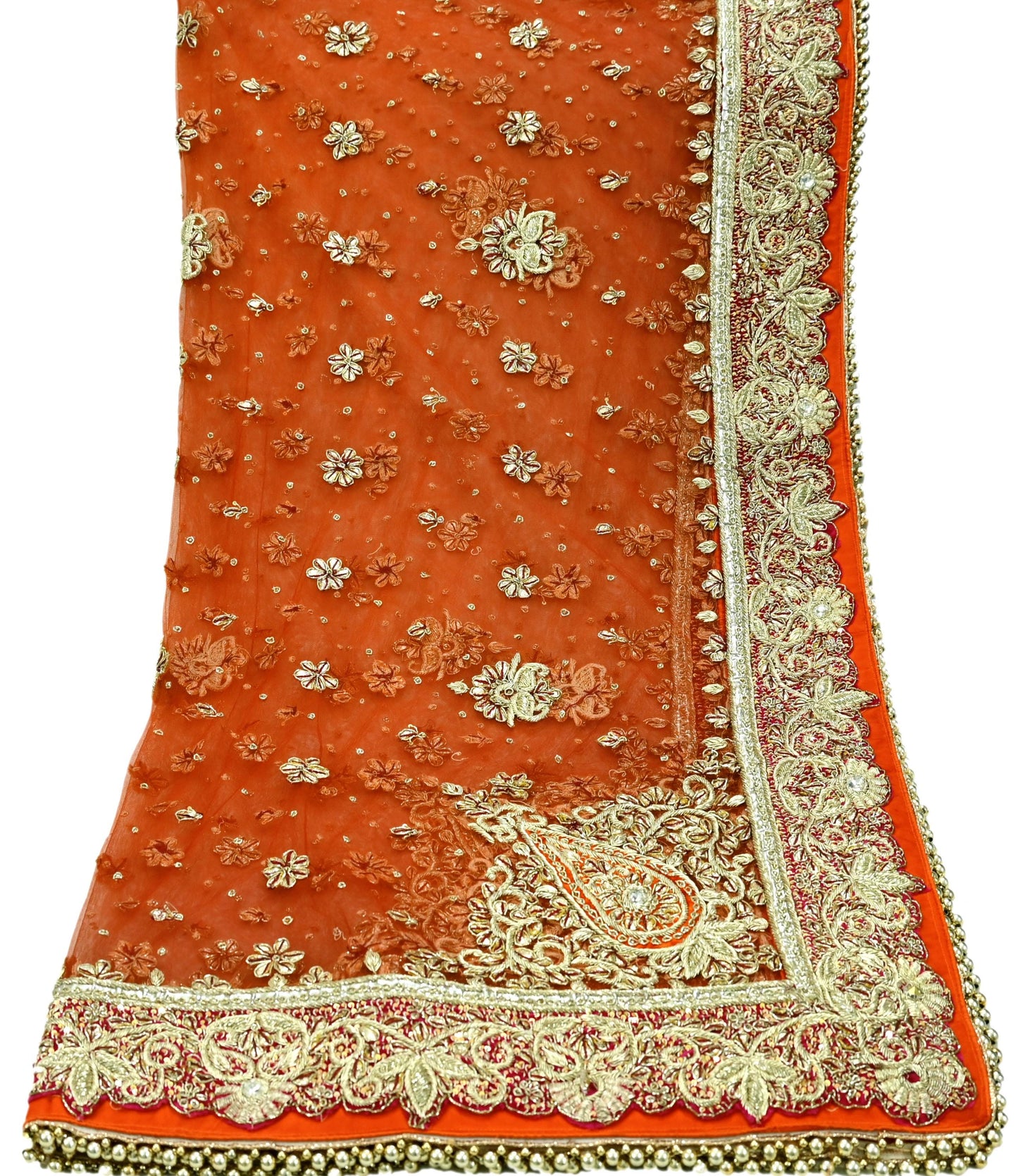 Indian Vintage Heavy Bridal Orange Dupatta Net Mesh Long Stole Hand Embroidered Scarves Golden Zardozi Dabka Zari Sequins Wedding Veil Hijab