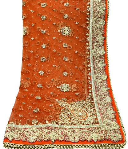 Indian Vintage Heavy Bridal Orange Dupatta Net Mesh Long Stole Hand Embroidered Scarves Golden Zardozi Dabka Zari Sequins Wedding Veil Hijab