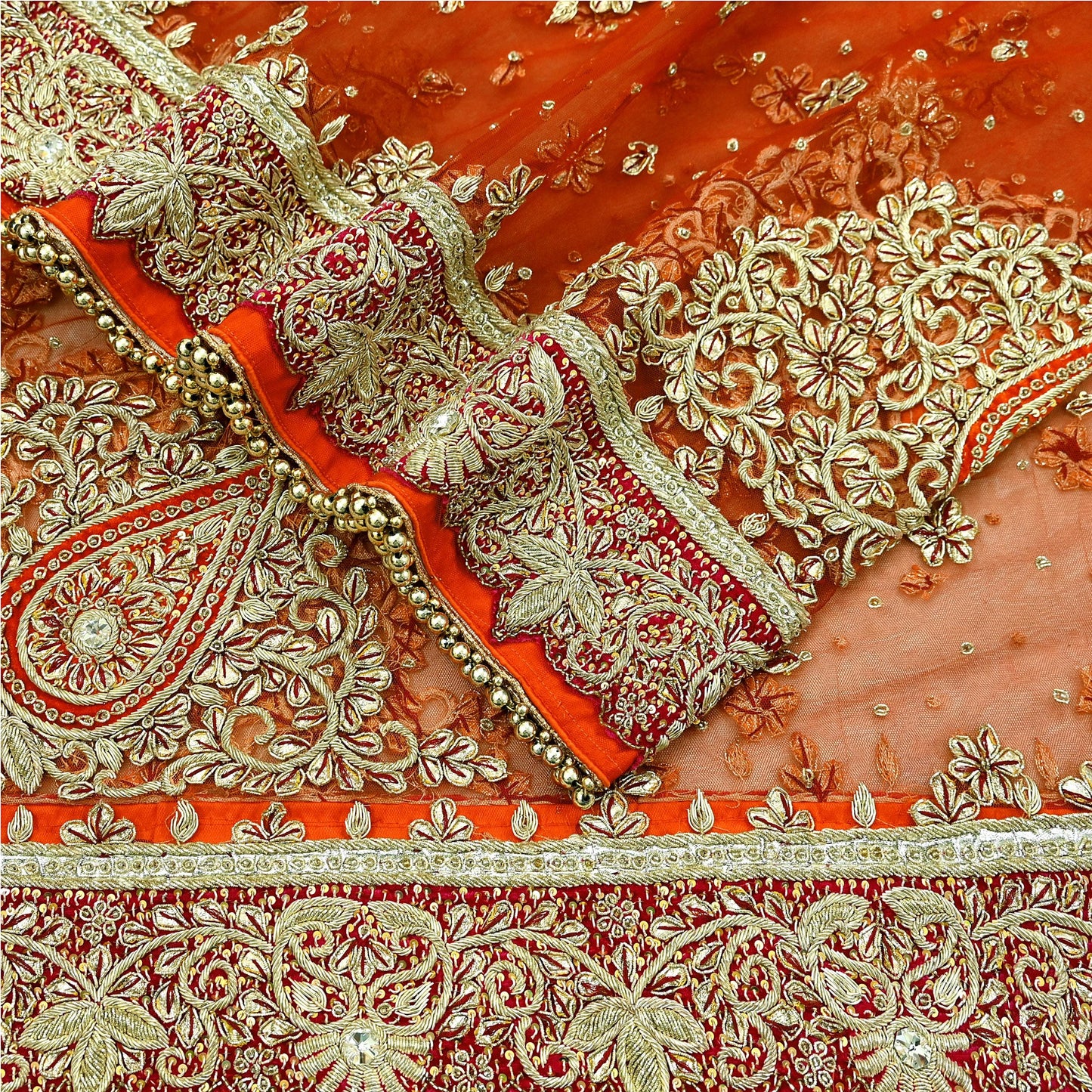 Indian Vintage Heavy Bridal Orange Dupatta Net Mesh Long Stole Hand Embroidered Scarves Golden Zardozi Dabka Zari Sequins Wedding Veil Hijab